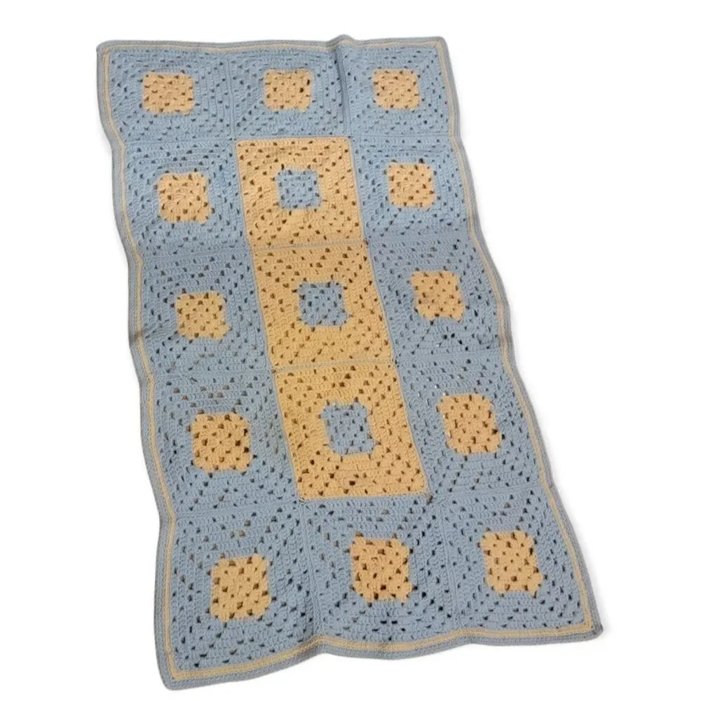 Vintage Granny Knitted Crochet Afghan Throw baby Blanket Handmade Pastel Color